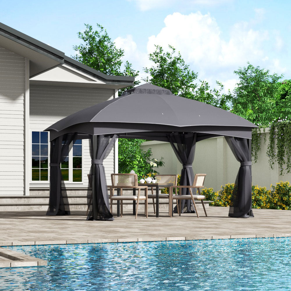 Dark grey outdoor garden gazebo with shade canopy – front angled view in backyard setting